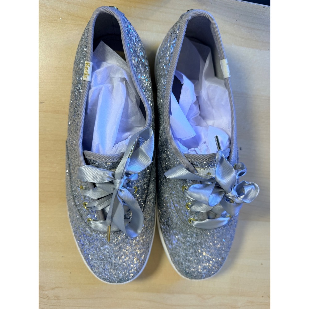 Kate Spade Keds Champion Sneaker 9 Silver Excellent Glitter Ribbon Bridal Glam